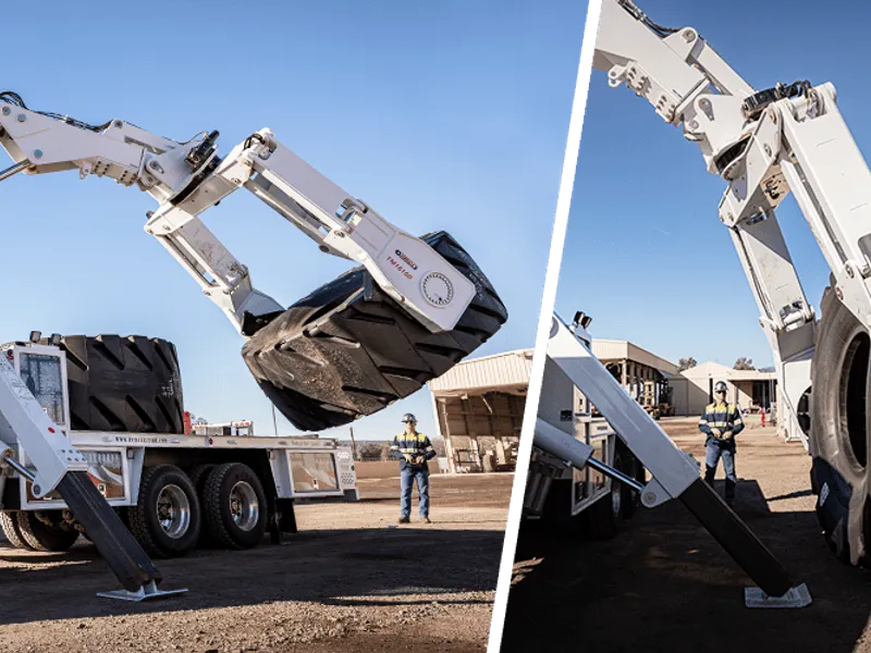 Bild wie ein Tire Truck von Stellar einen Reifen handelt